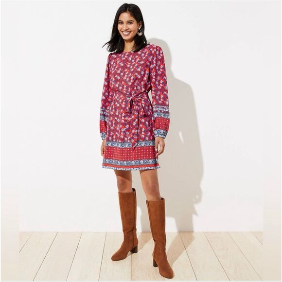LOFT Women’s Large Border Floral Tie Waist Dress Red Stretch Boho NEW - Picture 1 of 10
